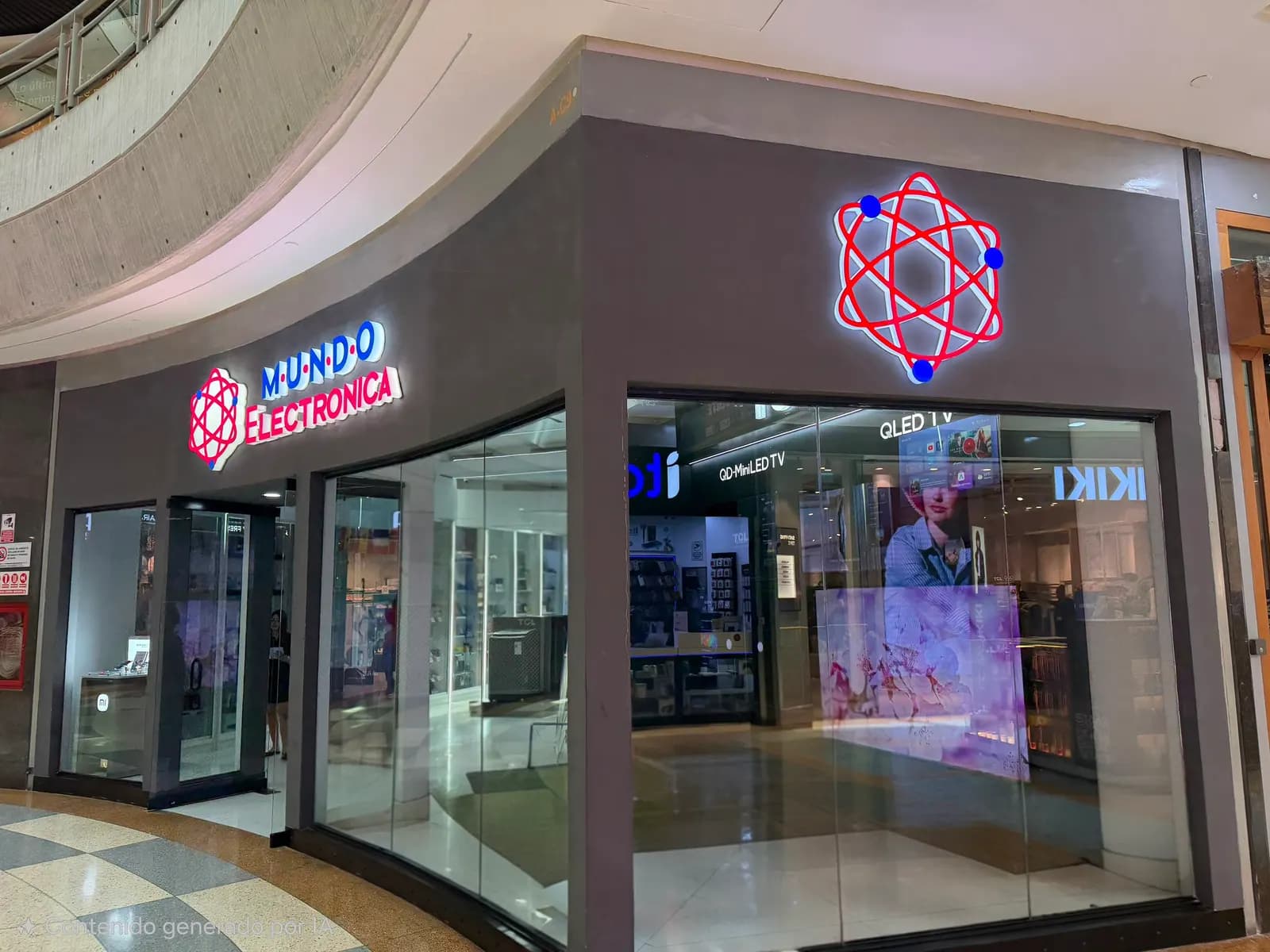 Esquina del local de Mundo Electrónica en el nivel Autopista del Sambil Chacao, con el átomo de la marca iluminado
