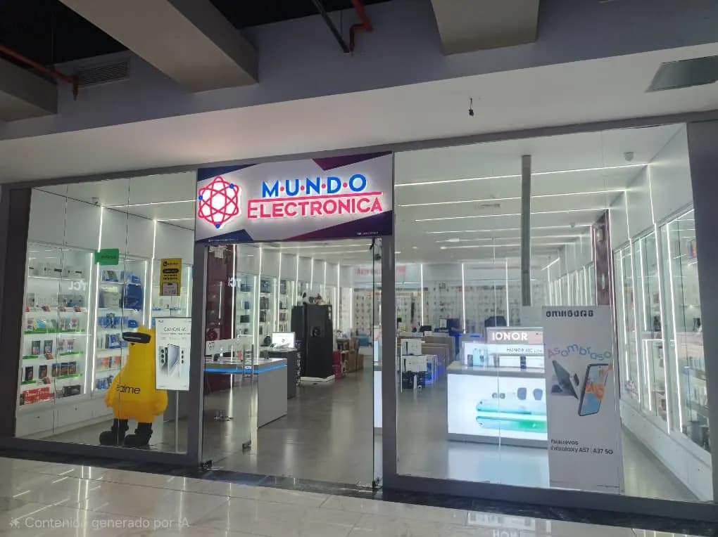Fachada del local de Mundo Electrónica en el CC Megacenter con vitrinas laterales y exhibición de Honor y Samsung